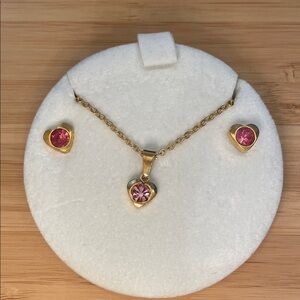Gold Heart Jewelry Set with Pink Stones